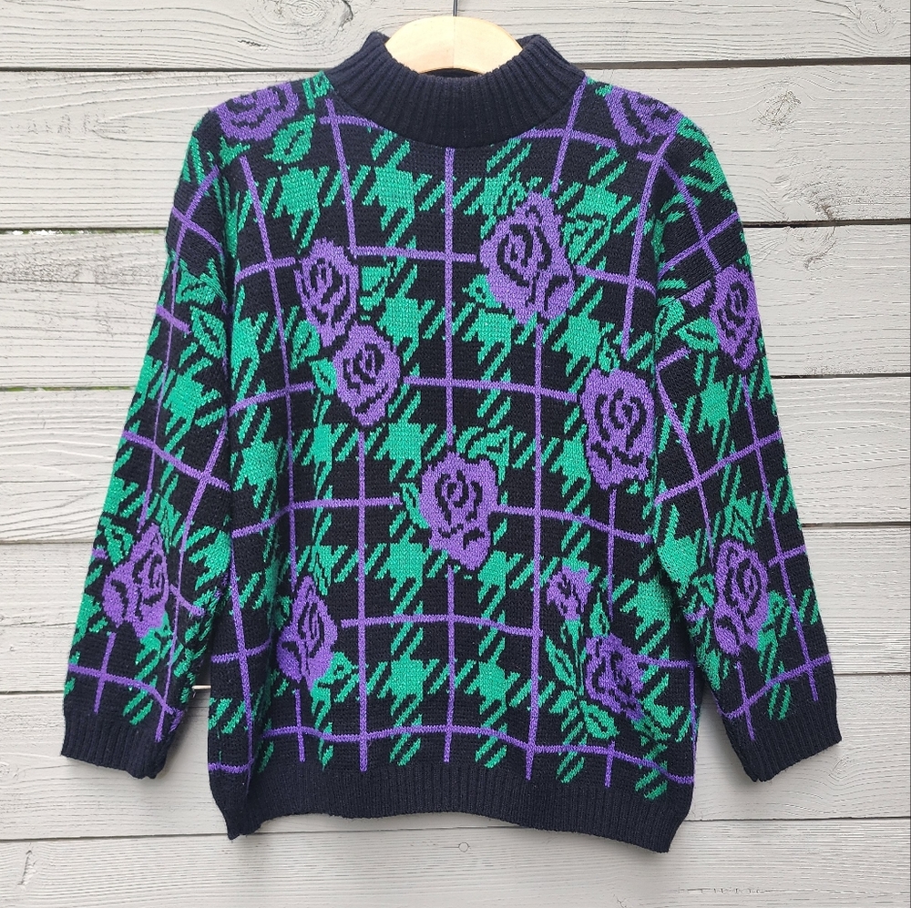Vintage 80s Adele Knitwear Metallic Rose Floral Sweater - Picture 2 of 7